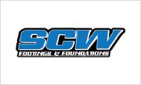 A blue and white logo of scw