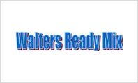 A blue and white logo for walters ready mix.