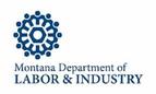 A blue and white logo of the montana department of labor & industry.