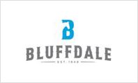 A blue and white logo for bluffdale.