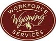 A red and white logo for wyoming workforce services.