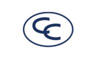 A blue and white logo of the letter c.