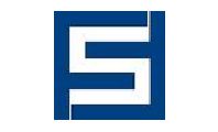 A blue and white logo of the letter s.